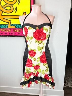 Wheels & Dollbaby VTG Garden Of Eden Rose Print Satin Halter Dress